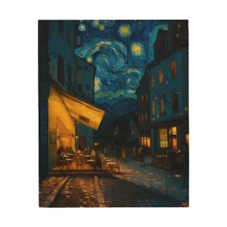 Starry Night Cafe Street Scene Wood Wall Art