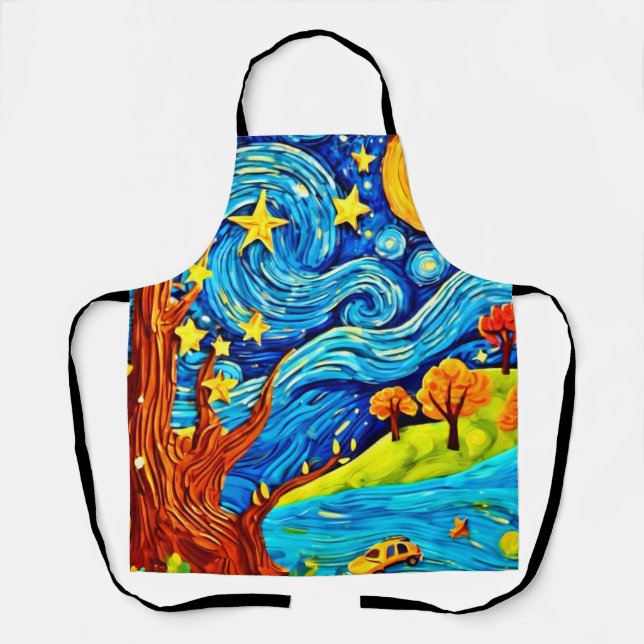 Starry Night Cartoon: Surrealism Inspired Art Apron (Front)