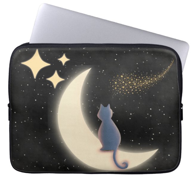 Starry Night Cat and Crescent Moon Laptop Sleeve (Front)