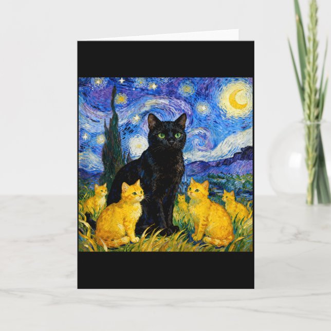 Starry Night Cat Artistic Black Cat &amp; Kittens  Card (Front)