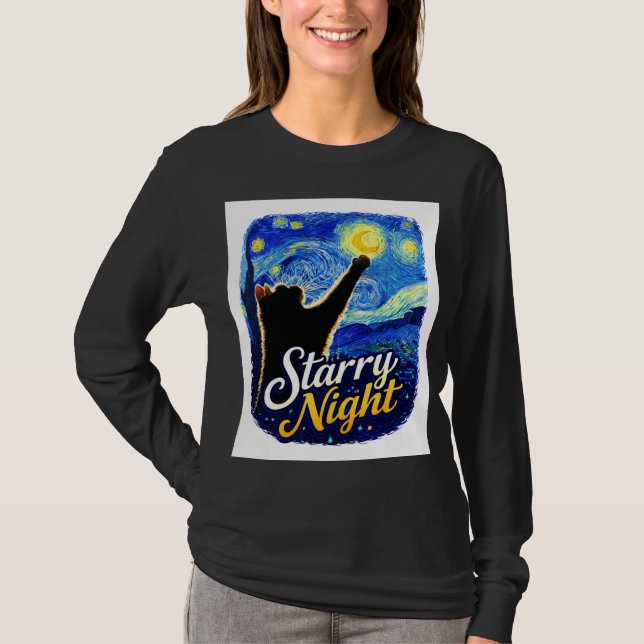 Starry Night Cat – Artistic Black Cat Reaching the T-Shirt (Front)