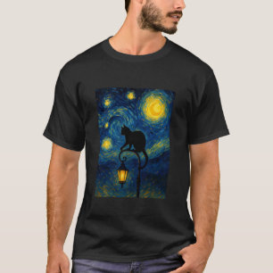 Starry Night Cat Balancing On A Street Lamp for Ca T-Shirt