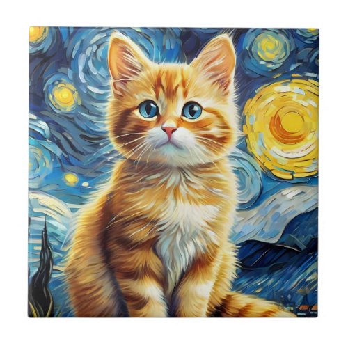 Starry Night Cat Ceramic Tile