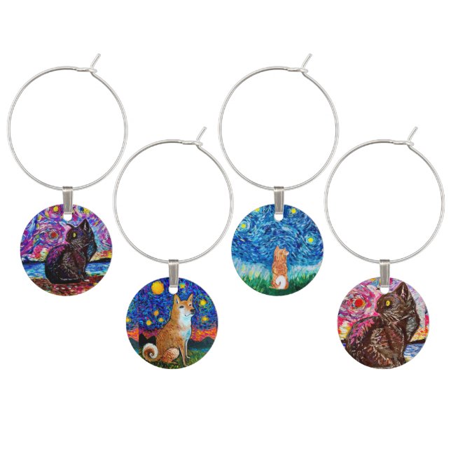 Starry Night Cat & Dog Glass Wine Charms (Staggered)