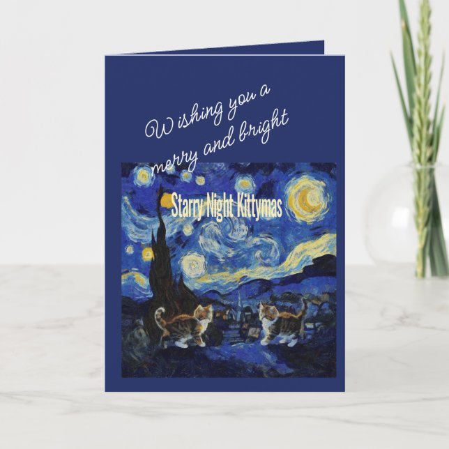 Starry Night Cat Lovers Festive Christmas Card (Front)