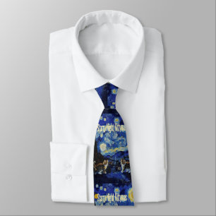 Starry Night Cat Lovers Festive Christmas Neck Tie
