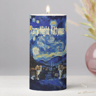 Starry Night Cat Lovers Festive Christmas Pillar Candle