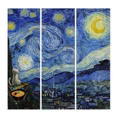 Starry Night Cat  Ramen Painting for Enthusiasts Triptych