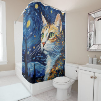 Starry Night Cat Shower Curtain