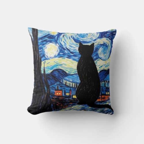 Starry Night Cat Throw Pillow
