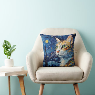 Starry Night Cat Throw Pillow