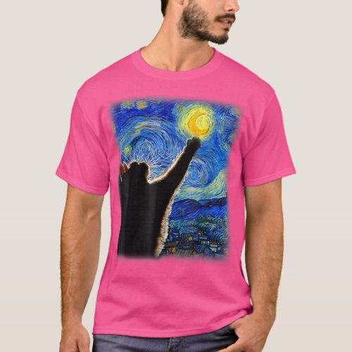Starry Night Cat Van Gogh Cat Crescent Moon Cat T_Shirt
