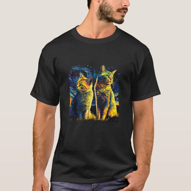 Starry Night Cat Van Gogh Cat Funny Couples Cat Lo T-Shirt (Front)