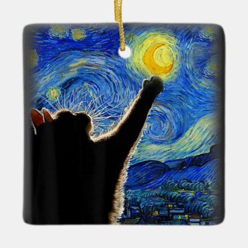 Starry Night Cat Van Gogh Cat Lover Cat Dad Mom T Ceramic Ornament