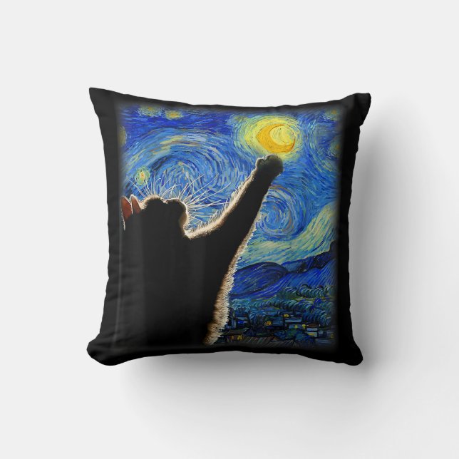 Starry Night Cat, Van Gogh Cat Lover Cat Dad Mom T Throw Pillow (Front)