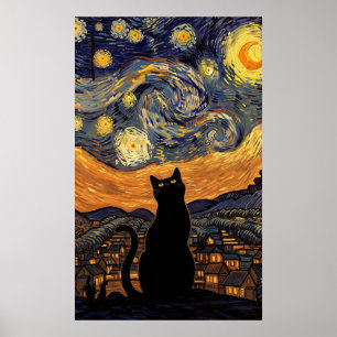 Starry Night Cat Van Gogh Inspired Starry Sky Poster