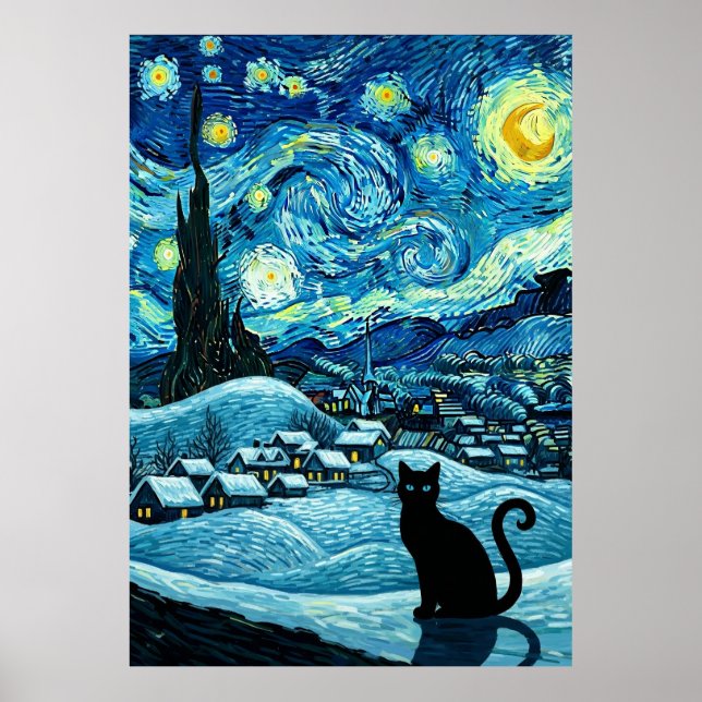 Starry Night Cat Van Gogh Inspired Starry Sky Poster (Front)