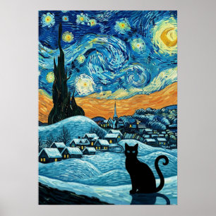 Starry Night Cat Van Gogh Inspired Starry Sky Poster