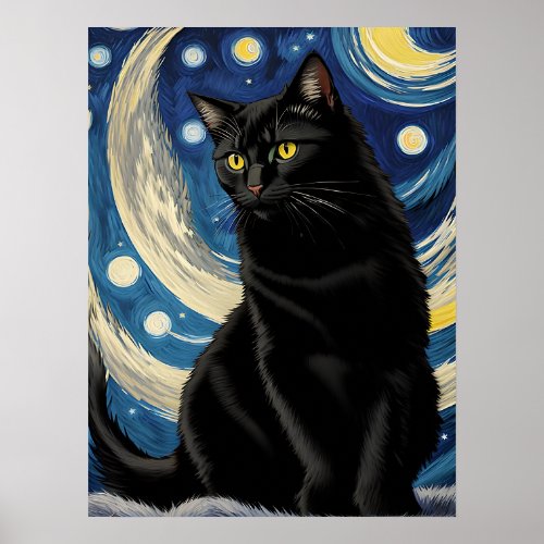 Starry Night Cat Van Gogh Style Poster