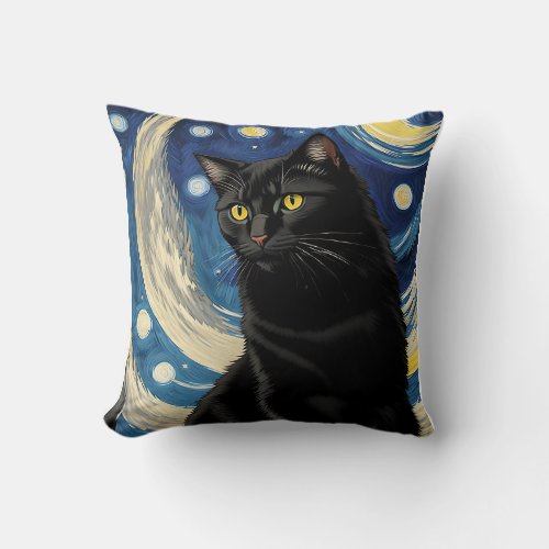 Starry Night Cat Van Gogh Style Throw Pillow