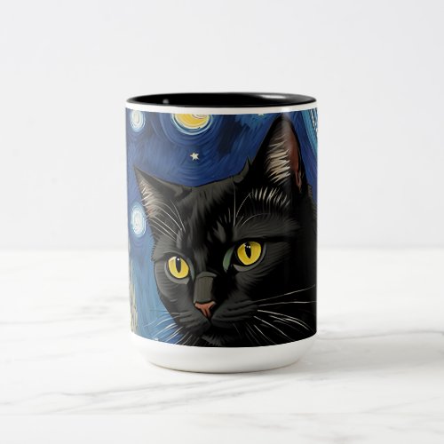 Starry Night Cat Van Gogh Style Two_Tone Coffee Mug