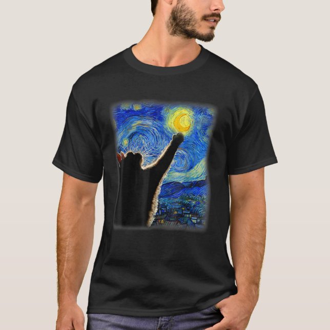 Starry Night Cat With Moon In City T-Shirt (Front)