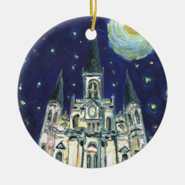 Starry Night Cathedral Ceramic Ornament (Front)