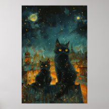 Starry Night Cats: Cosmic City Rooftop Art