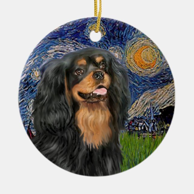 Starry Night - Cavalier (black / Tan) Ceramic Ornament (Front)