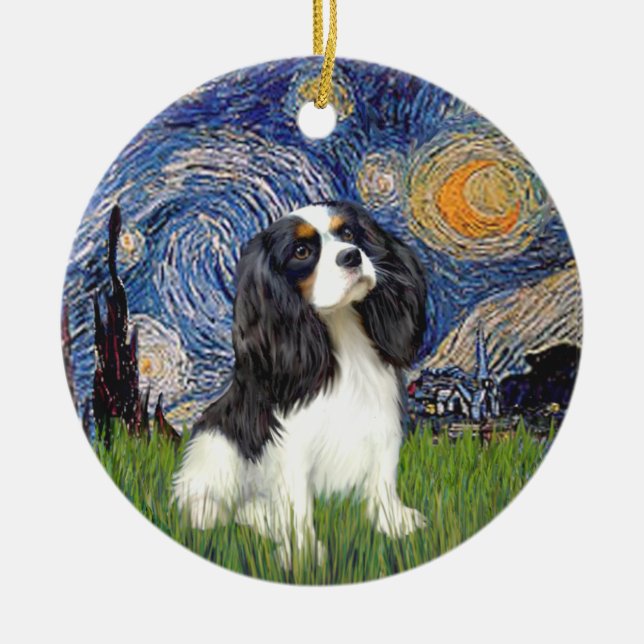 Starry Night - Cavalier (tri color) Ceramic Ornament (Front)