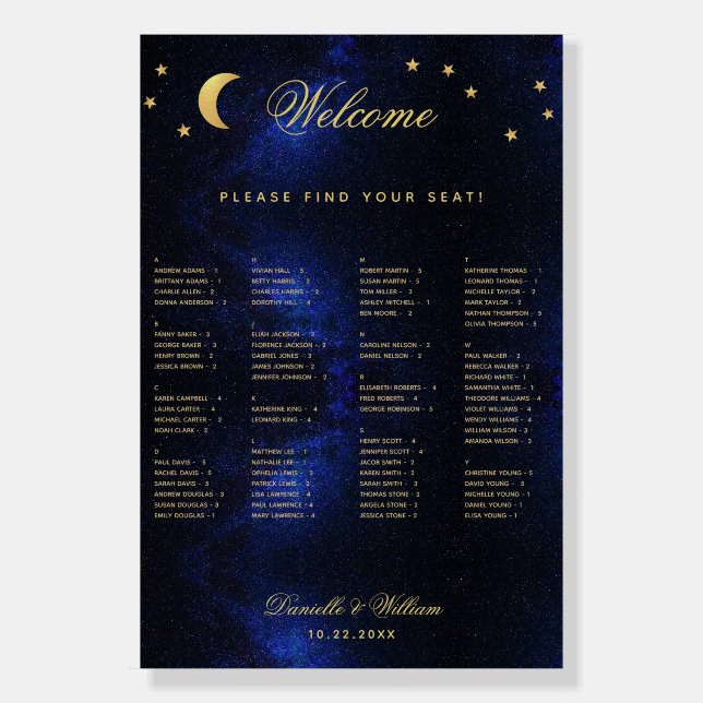 Starry Night Celestial Alphabetical Seating Chart Foam Board (Front)