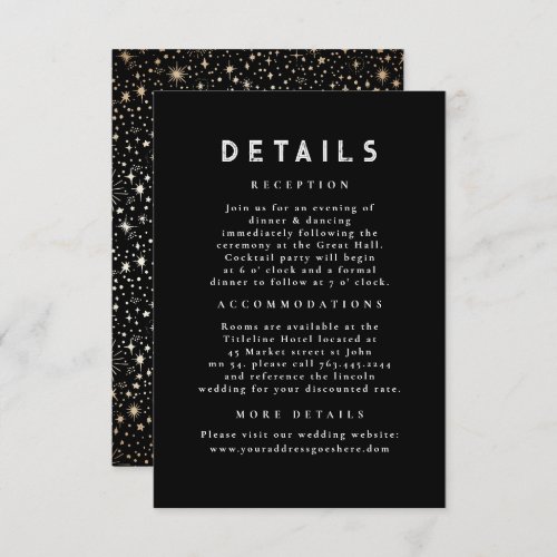 Starry Night Celestial Black Gold Wedding Details Enclosure Card