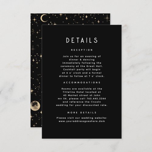 Starry Night Celestial Black Gold Wedding Details Enclosure Card