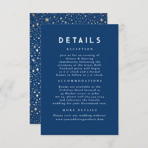 Starry Night Celestial Blue Gold Wedding Details Enclosure Card