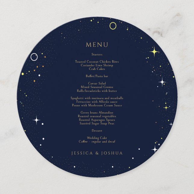 Starry Night Celestial Cosmic Wedding Round Menu (Front)