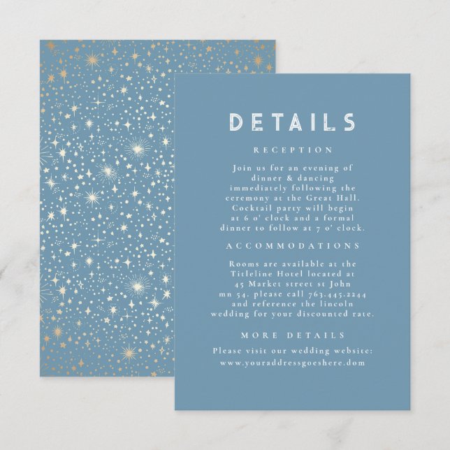 Starry Night Celestial Dusty Blue Wedding Details Enclosure Card (Front/Back)