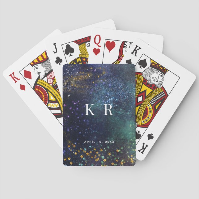 Starry Night Celestial Galaxy Monogram Wedding Poker Cards (Back)