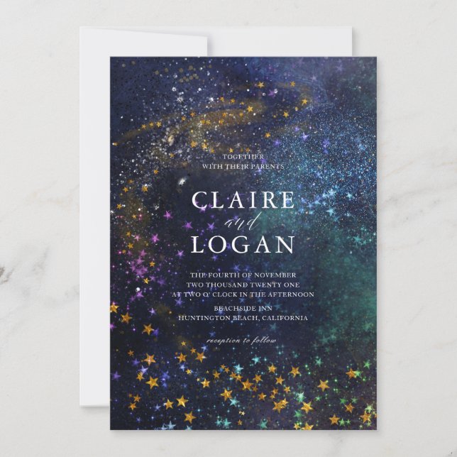 Starry Night Celestial Galaxy Wedding Invitation (Front)