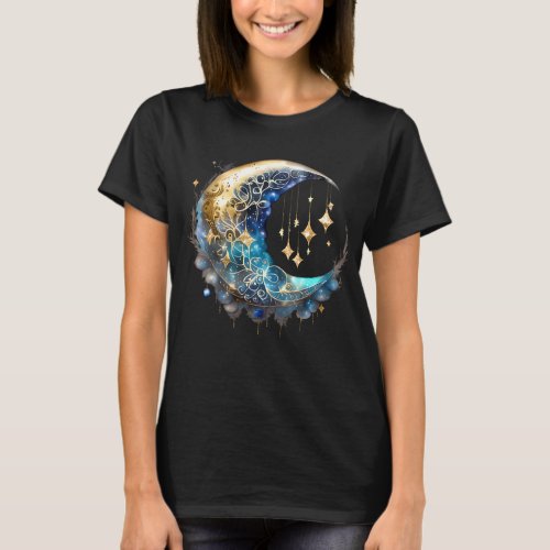 Starry night celestial gold blue fantasy moon T_Shirt