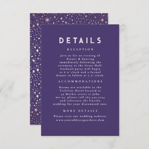 Starry Night Celestial Green Gold Wedding Details Enclosure Card
