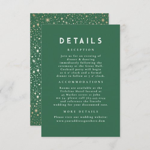 Starry Night Celestial Green Gold Wedding Details Enclosure Card