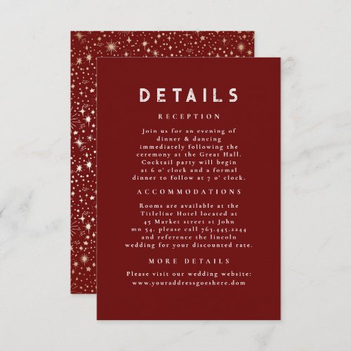 Starry Night Celestial Red Gold Wedding Details Enclosure Card