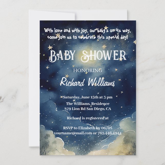 Starry Night Celestial Watercolor Baby Shower   Invitation (Front)