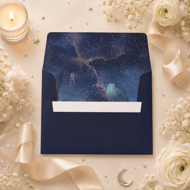 Starry Night Celestial Wedding Envelope (Starry Night Celestial Wedding Envelope on a table with celestial wedding decor and flowers)