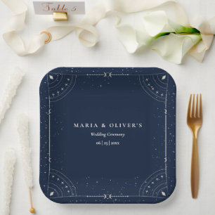 Starry Night Celestial Wedding Navy Blue Elegant Paper Plates