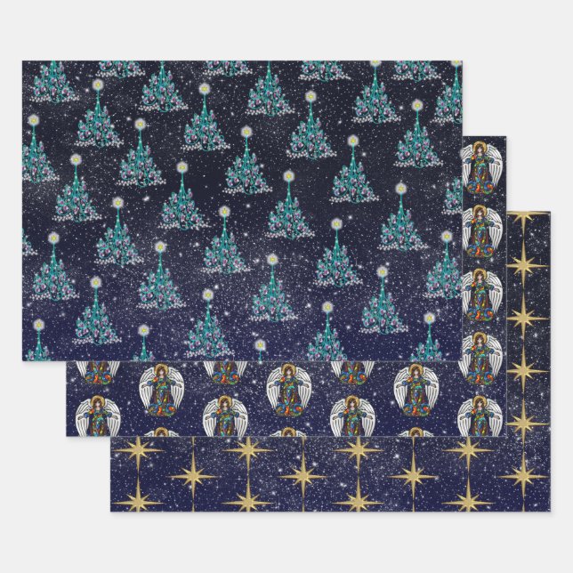 Starry Night Christmas 3 Variations Wrapping Paper Sheets (Set)
