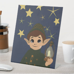 Starry Night Christmas Elf Pedestal Sign