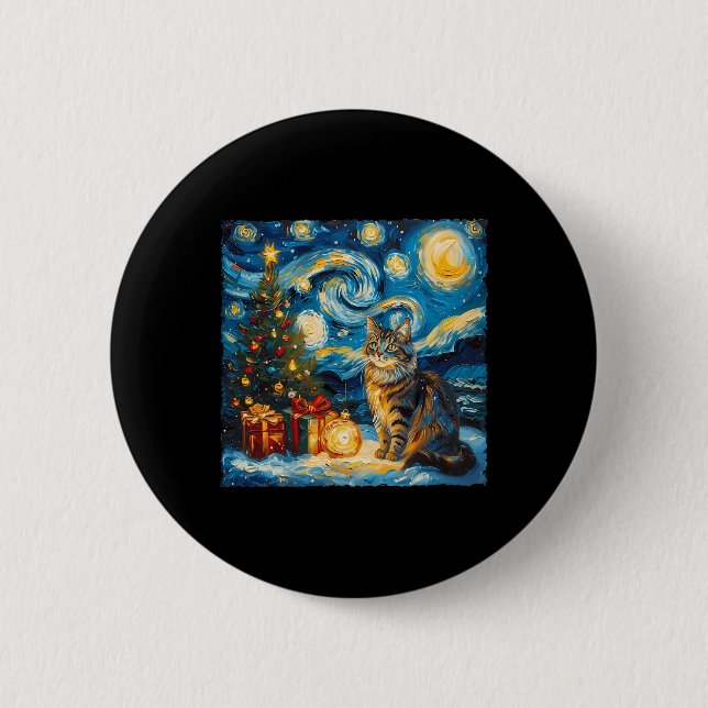 Starry Night Christmas Norwegian Forest Art Van Go Button (Front)