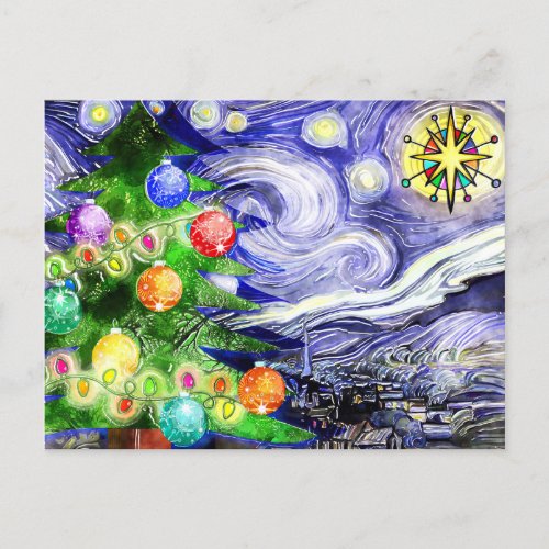 Starry Night Christmas Tree Watercolor Announcement Postcard