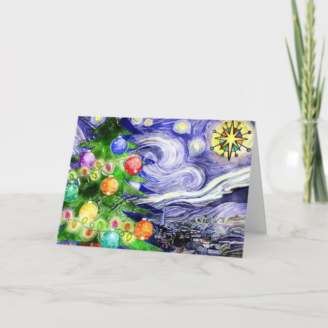 Starry Night Christmas Tree Watercolor Card (Front)